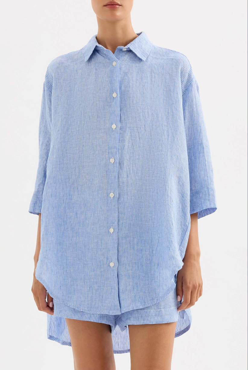 Nude Lucy Lounge Stripe Linen Long Shirt - Blue Stripe