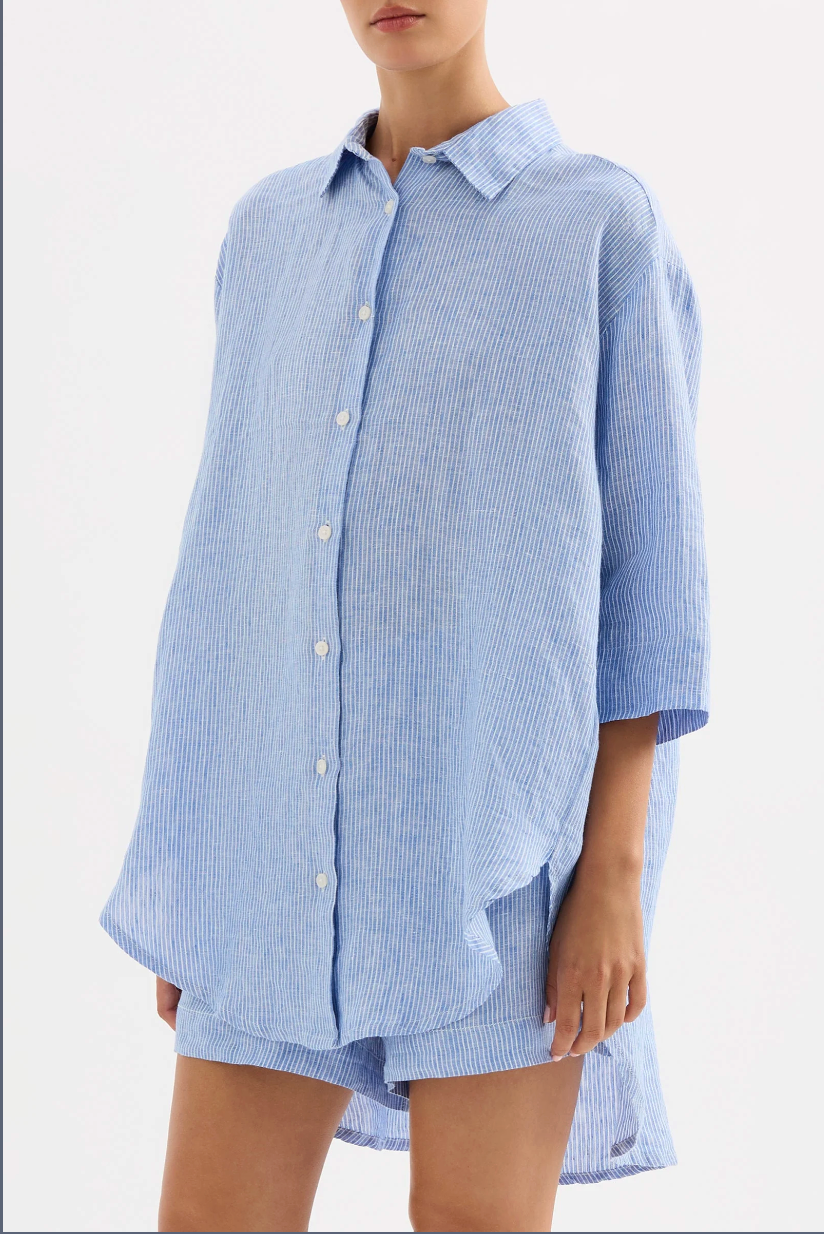 Nude Lucy Lounge Stripe Linen Long Shirt - Blue Stripe