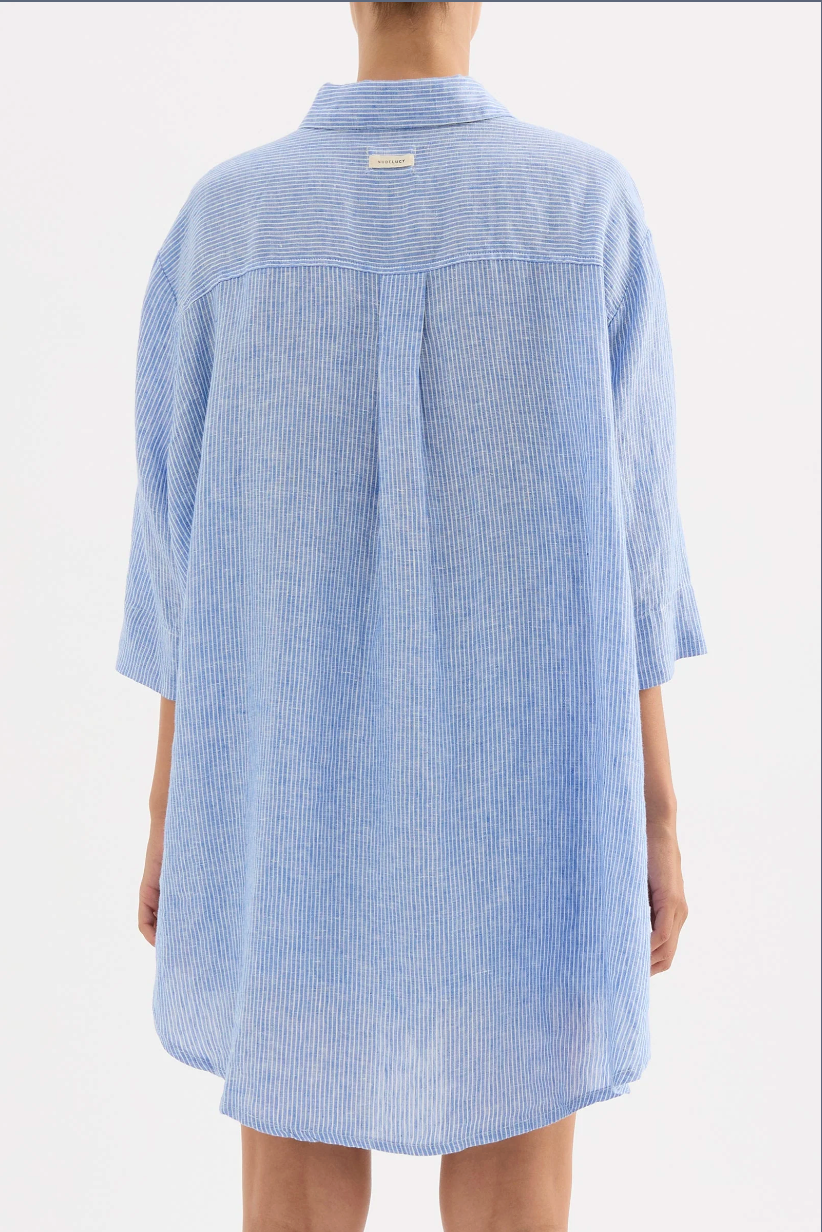 Nude Lucy Lounge Stripe Linen Long Shirt - Blue Stripe