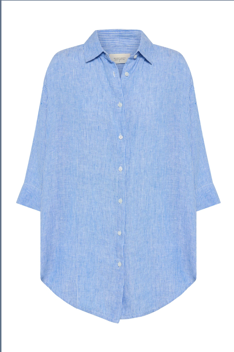 Nude Lucy Lounge Stripe Linen Long Shirt - Blue Stripe