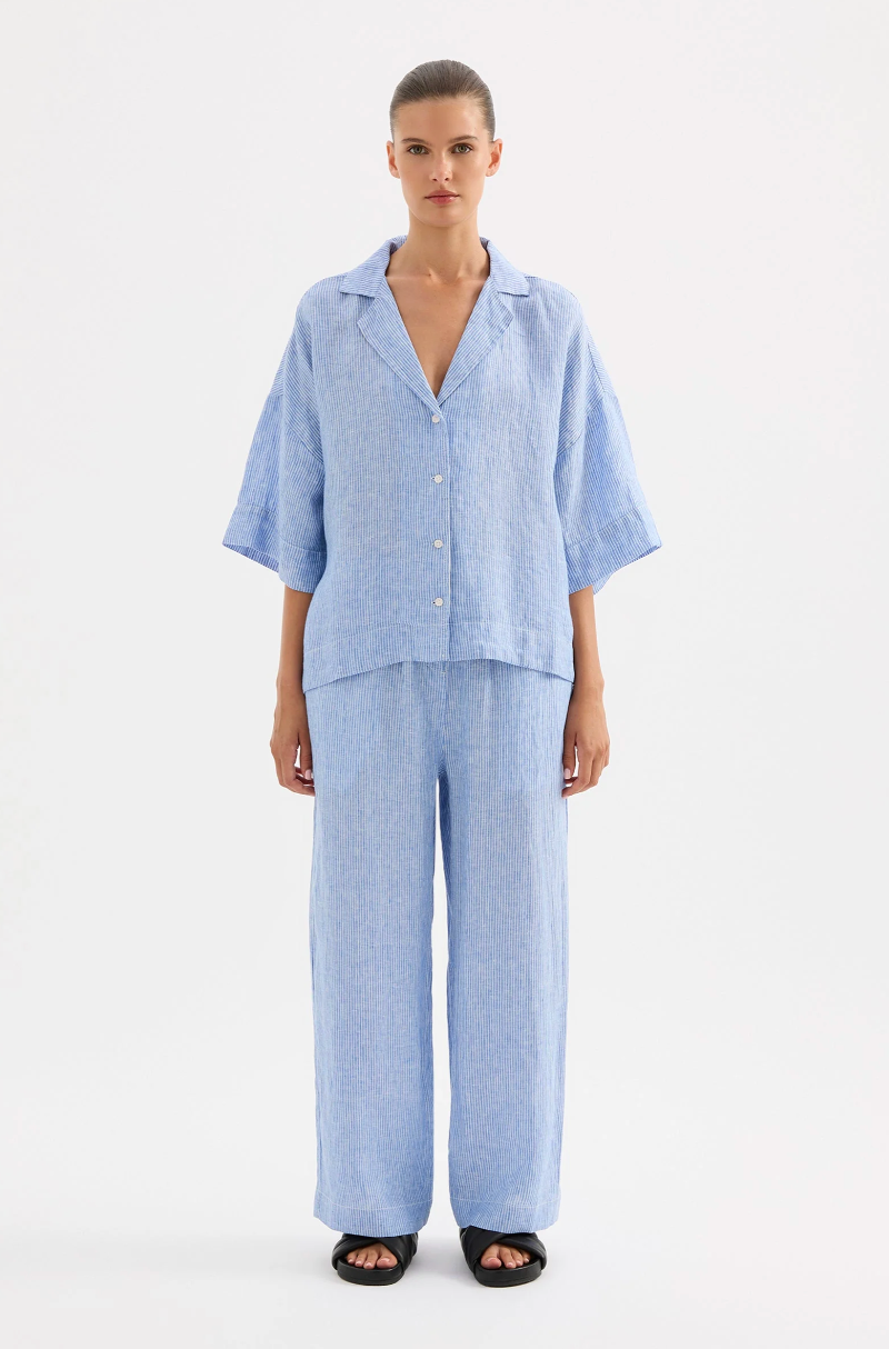 Nude Lucy Lounge Stripe Linen Shirt - Blue Stripe