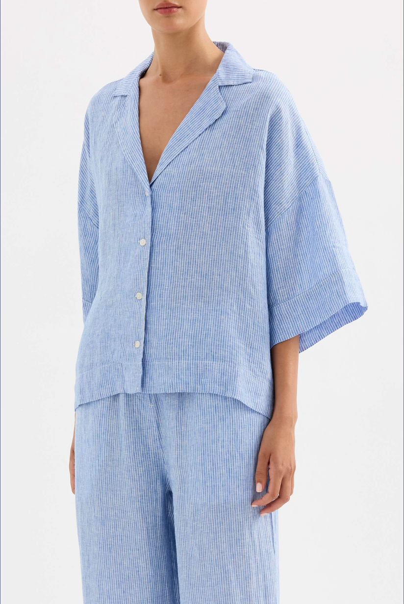 Nude Lucy Lounge Stripe Linen Shirt - Blue Stripe