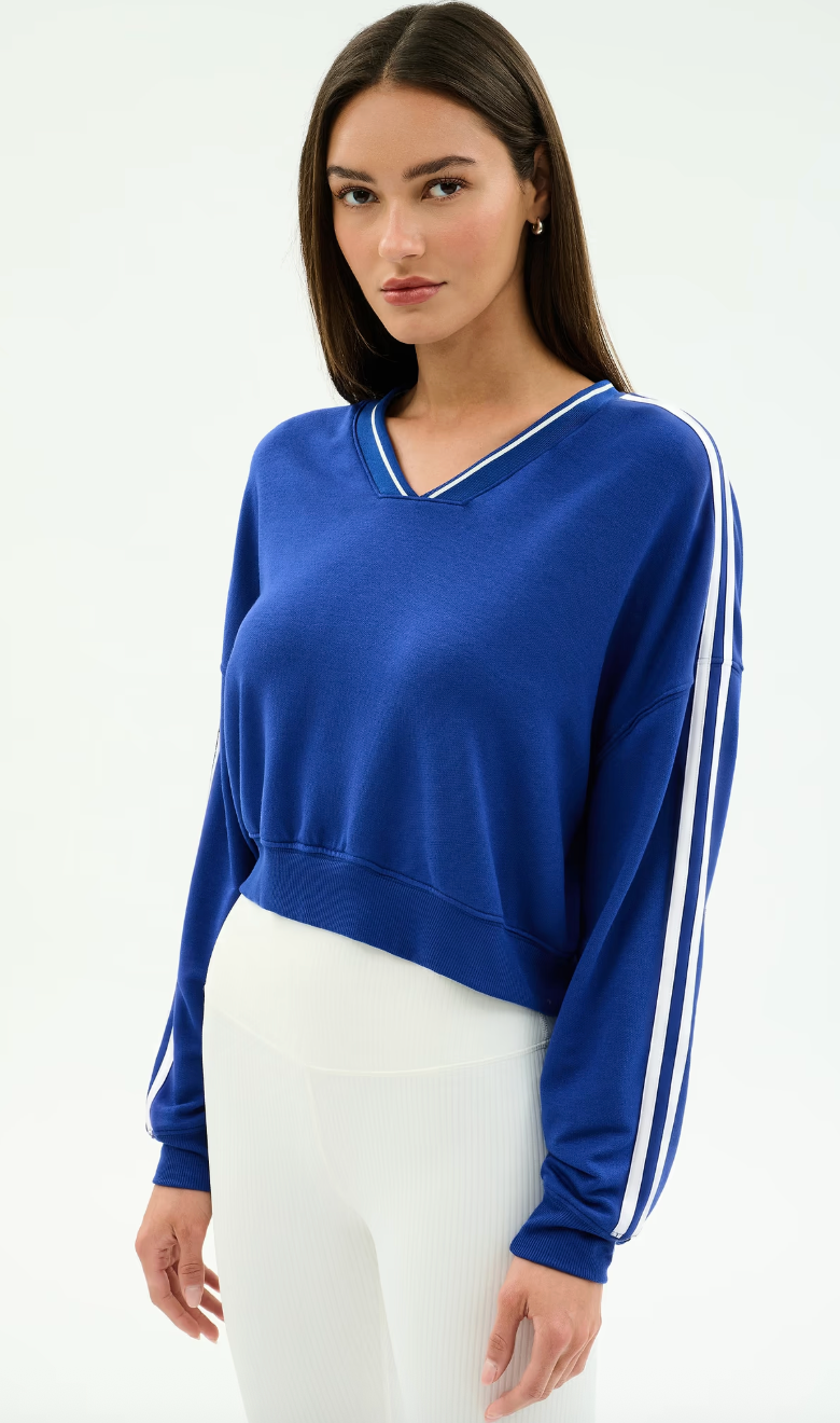 Splits 59 Ellie Fleece V Neck Sweatshirt - Cobalt/White