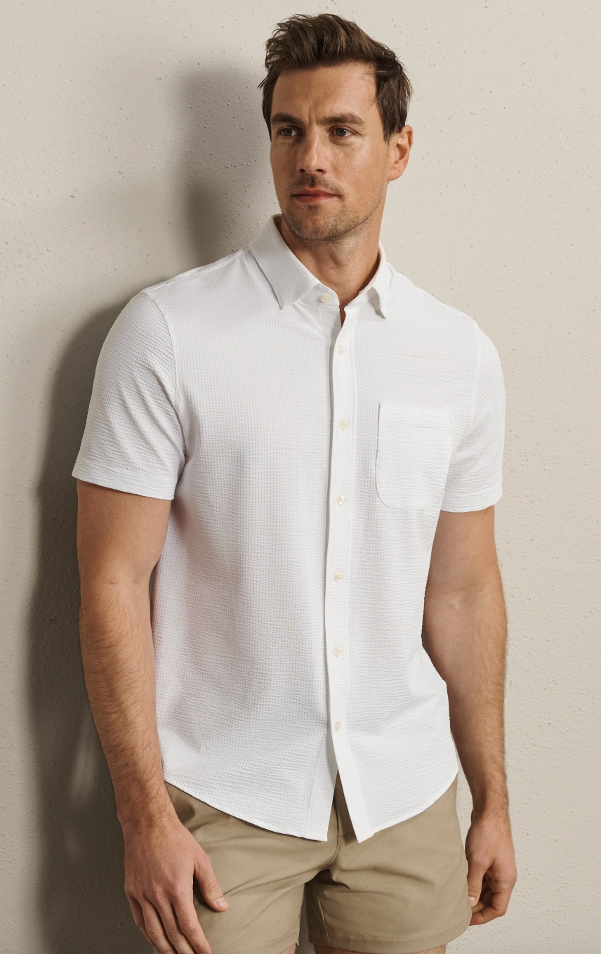 Rhone Commuter Seersucker Short Sleeve Button Down- White
