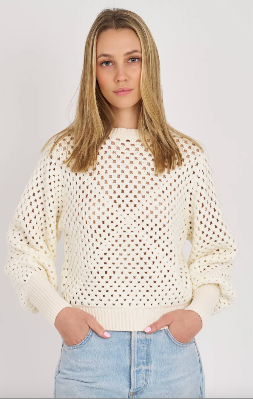 Archer Cashmere Colette Cotton Crochet Crew- White