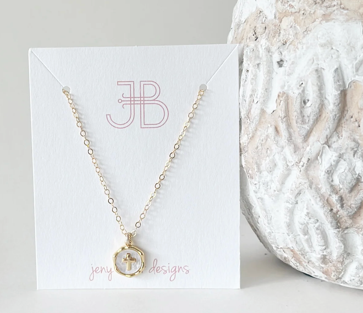 Jeny Baker Katie Pearl Cross Necklace- Mini