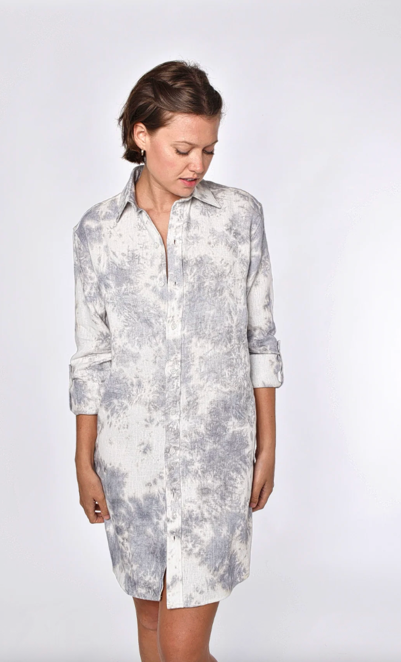 Emily Phillips Linen Girlfriend Dress- Grey/ White Tie Dye