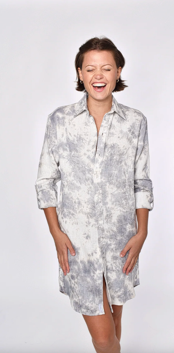 Emily Phillips Linen Girlfriend Dress- Grey/ White Tie Dye