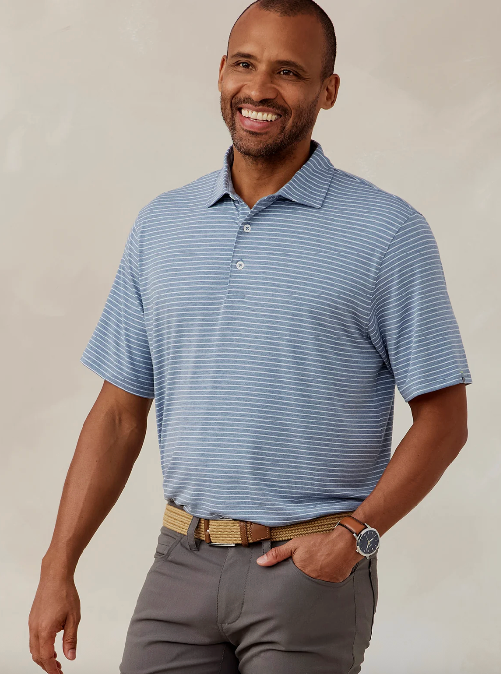 Tasc Cloud Polo Brookline Stripe- Anchor Heather/ White