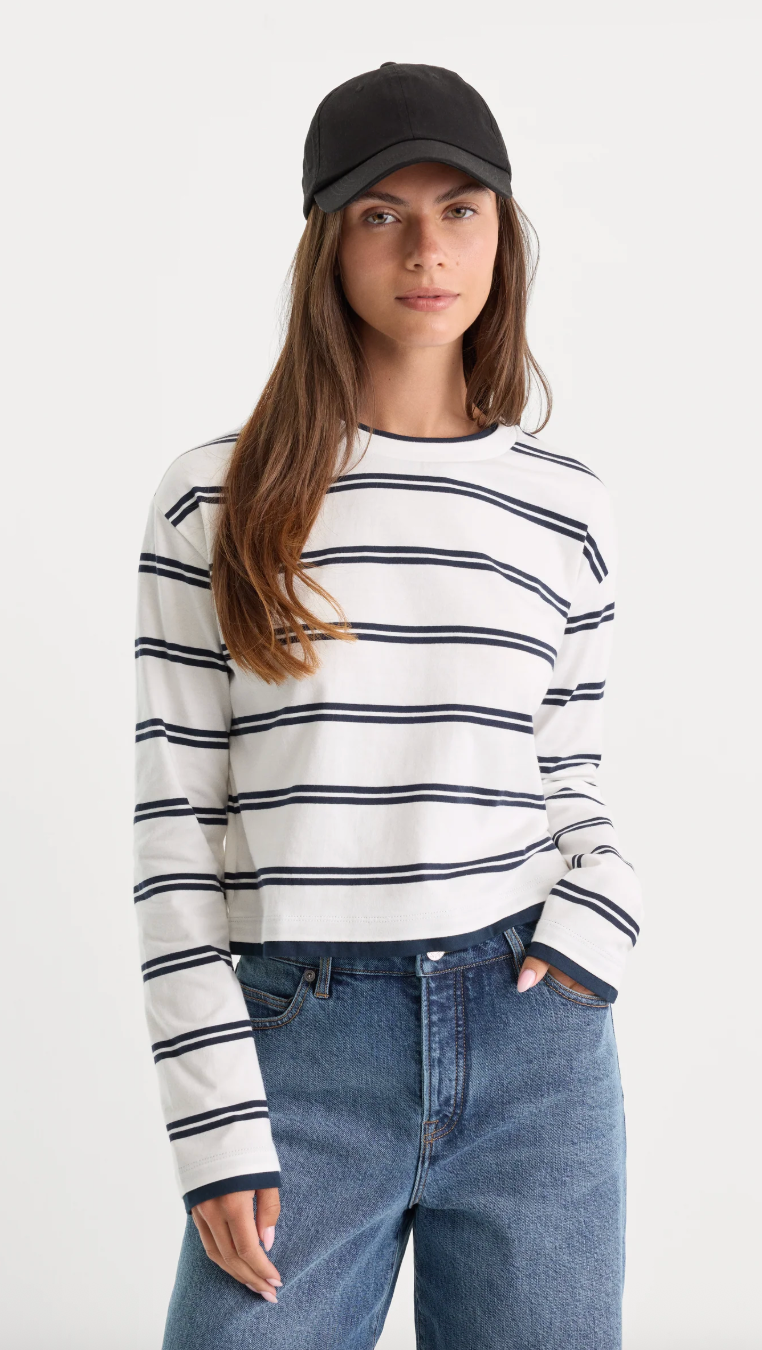 Good American The Long Sleeve Layered Tee- Navy Double Stripe
