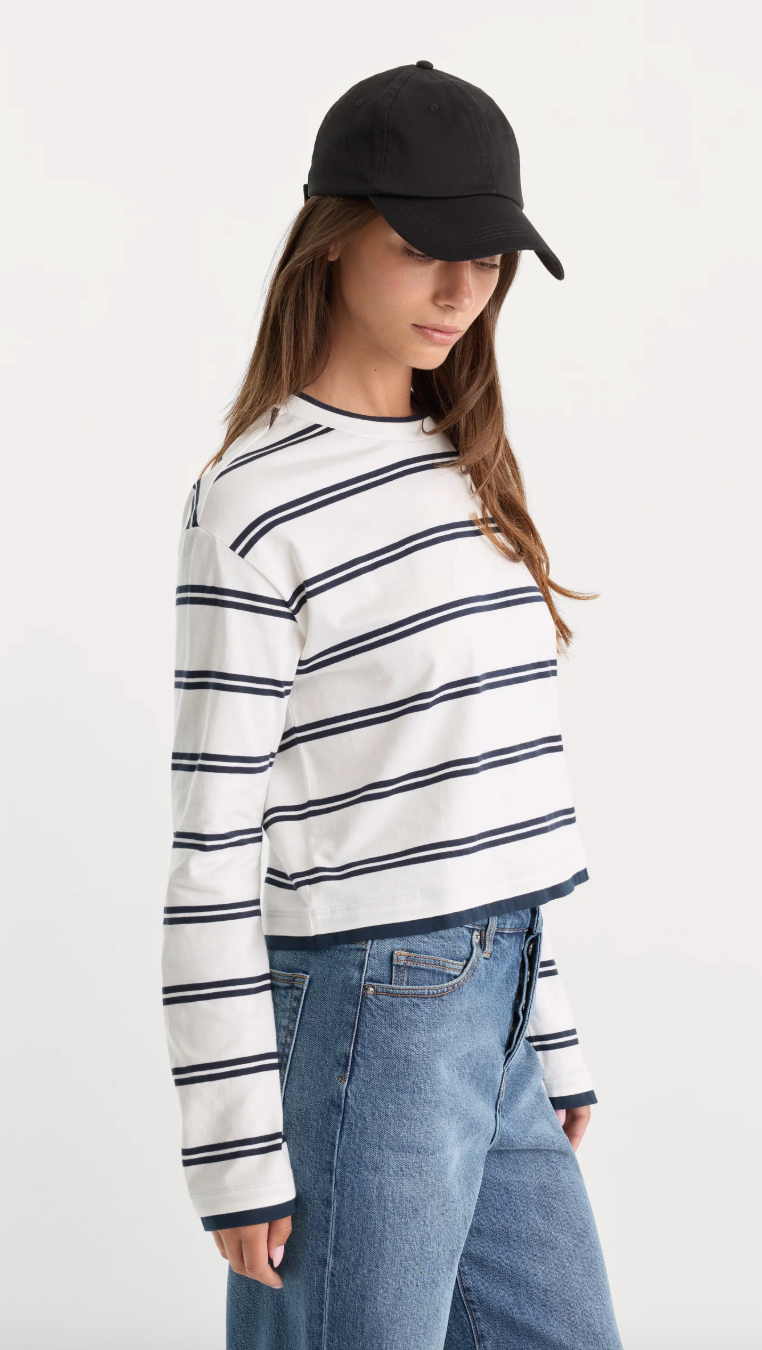 Good American The Long Sleeve Layered Tee- Navy Double Stripe