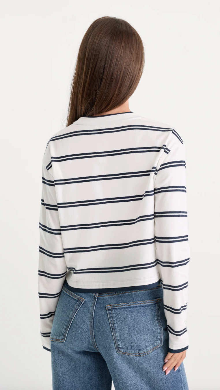 Good American The Long Sleeve Layered Tee- Navy Double Stripe