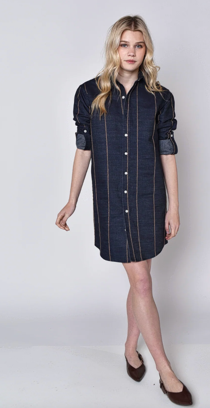 Emily Phillips Girlfriend Mini Dress- Denim and Brown Stripe