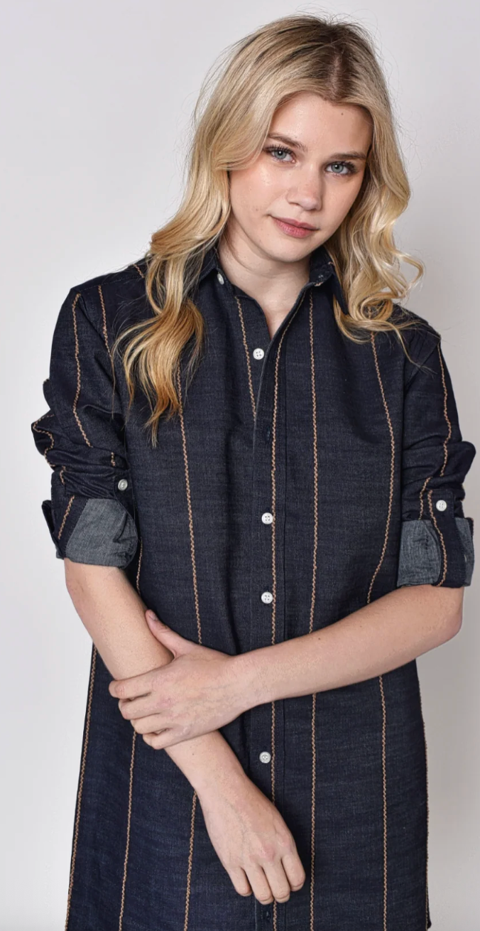Emily Phillips Girlfriend Mini Dress- Denim and Brown Stripe