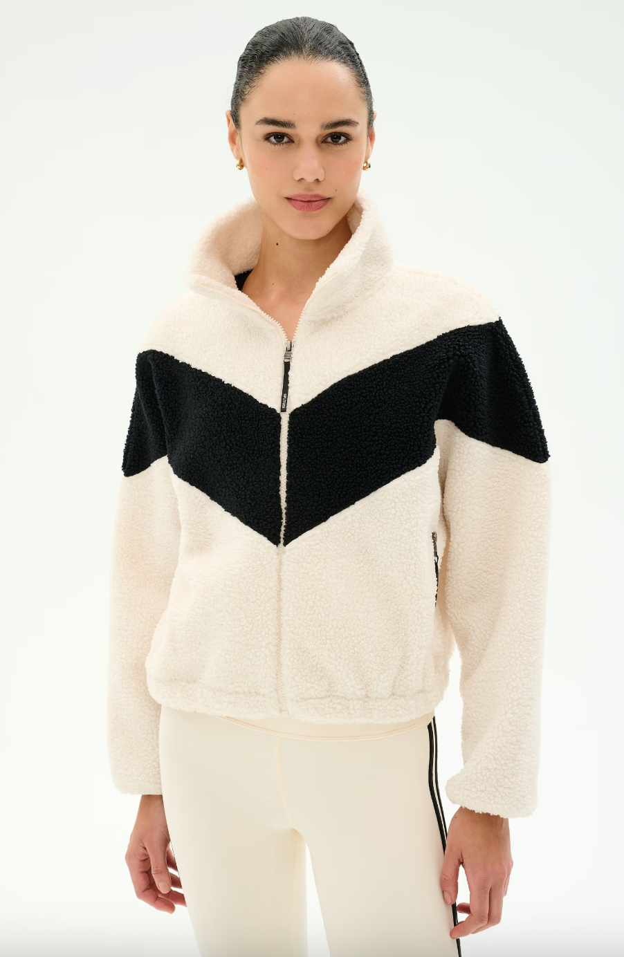 Splits 59 Lottie Chevron Sherpa Full Zip Jacket- Creme/ Black