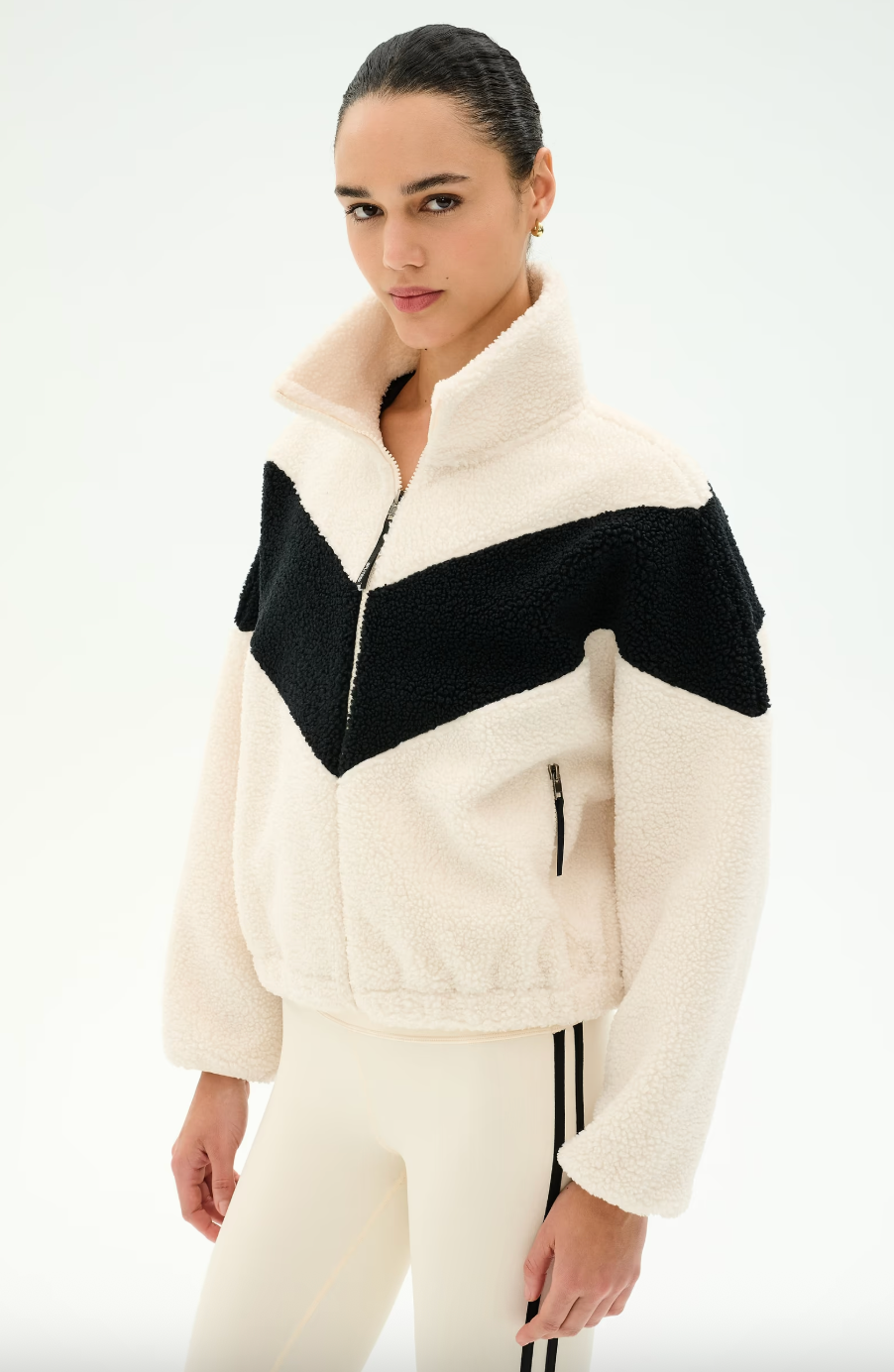 Splits 59 Lottie Chevron Sherpa Full Zip Jacket- Creme/ Black