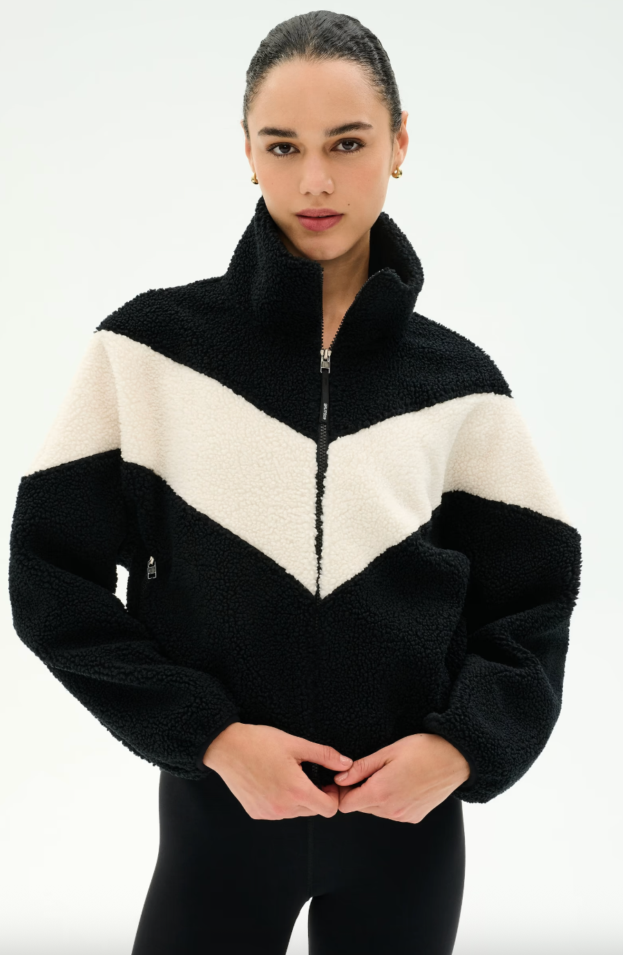 Splits 59 Lottie Chevron Sherpa Full Zip Jacket- Black/ Creme