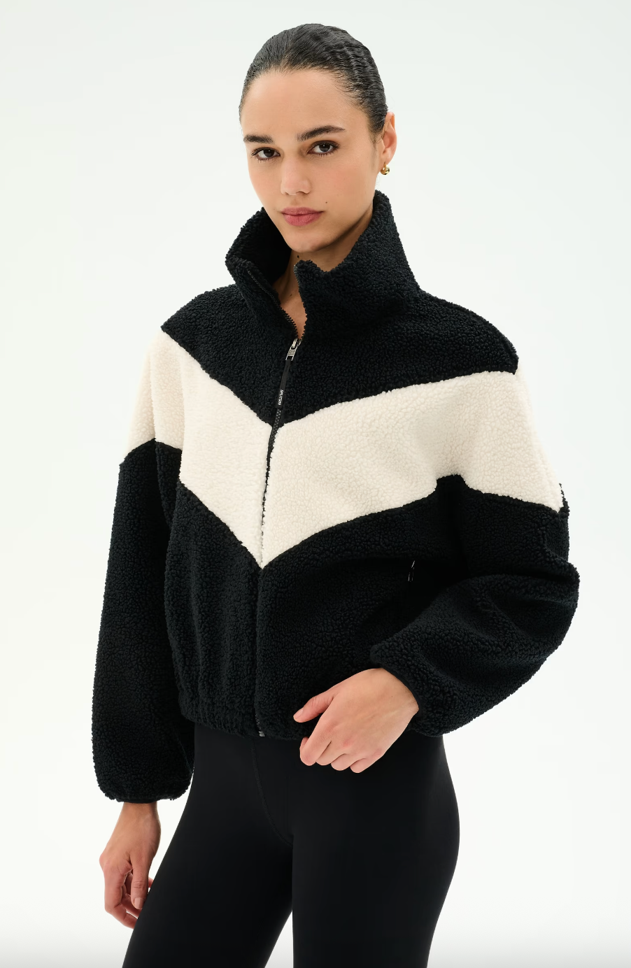 Splits 59 Lottie Chevron Sherpa Full Zip Jacket- Black/ Creme
