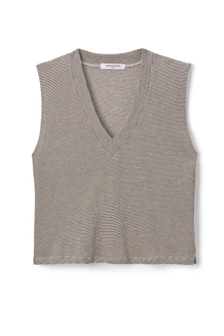 Perfect White Tee Lucy Stripe Linen Jersey V-Neck Tank - Ivory Black Stripe