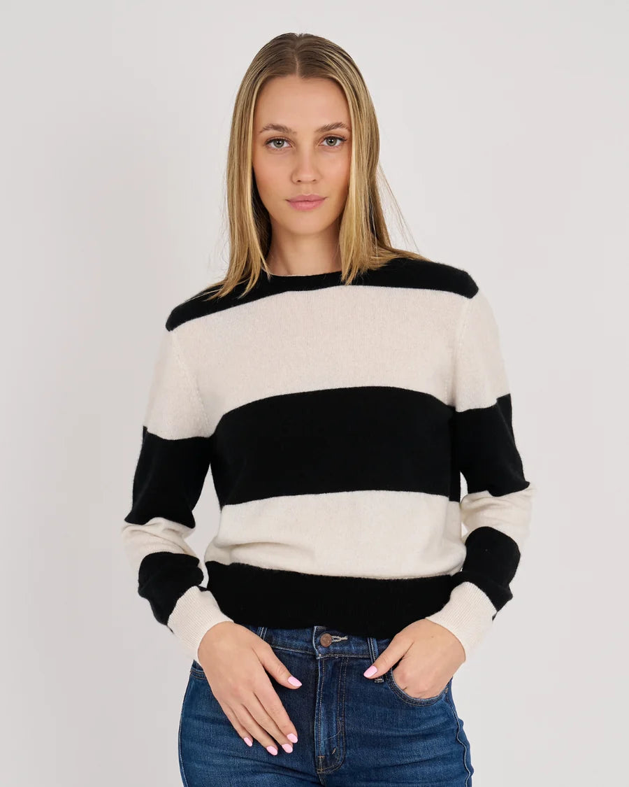 Archer Cashmere Crew Rugby Stripe- Black/ Ecru
