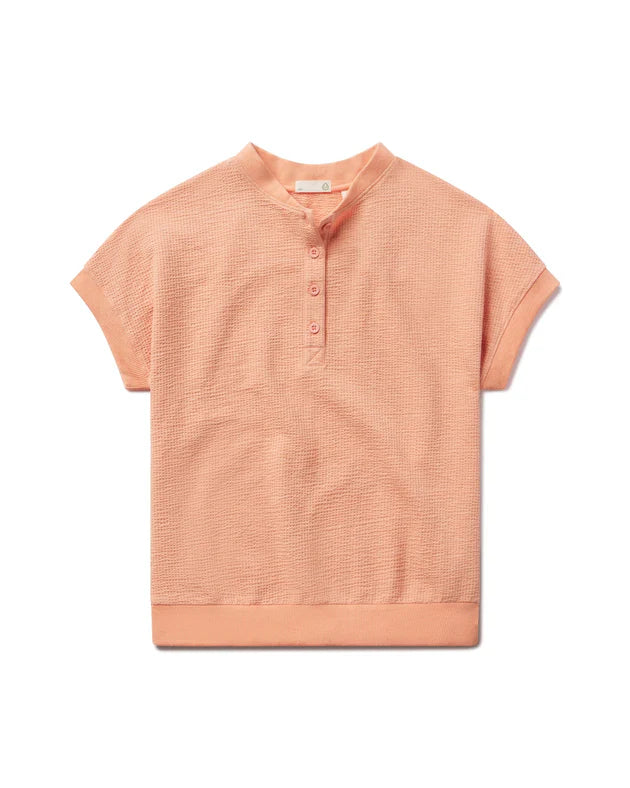 Tasc Villa Knit Seersucker Short Sleeve Henley- Sunrise Heather