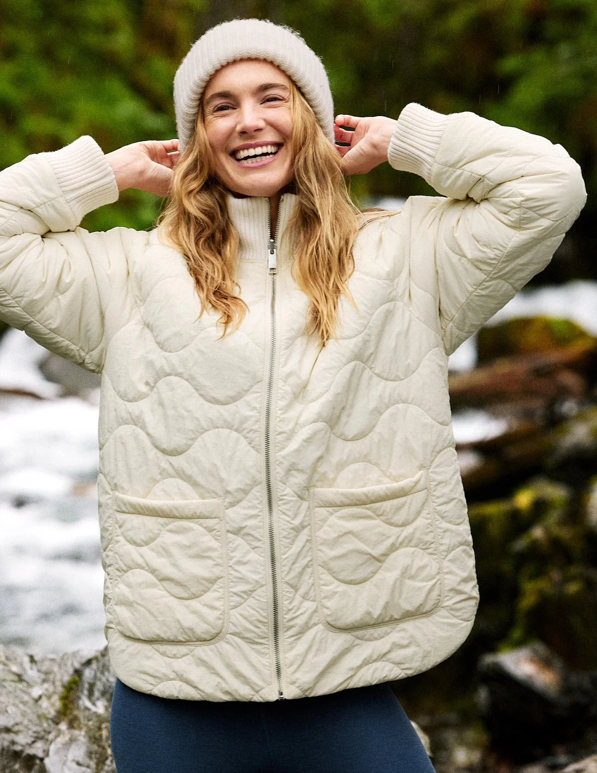 Beyond Yoga Roam Quilted Reversible Jacket- Bone/Riverbed