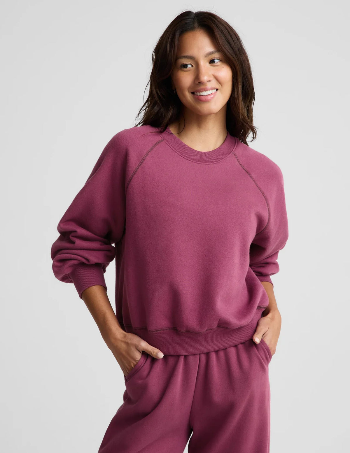 Beyond Yoga LuxeFleece 2.0™ Raglan Crewneck- Pomegranate/ Cabernet