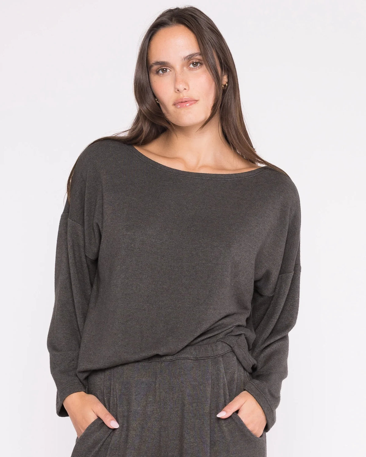 Ripley Rader Sweater Knit Boat Neck Top - Charcoal
