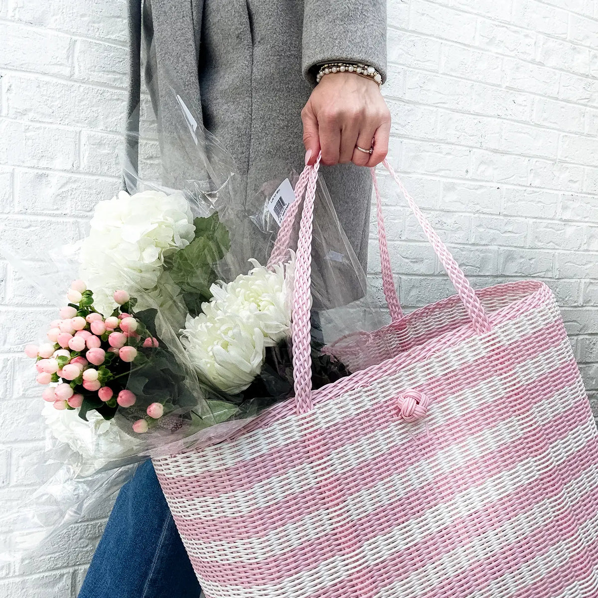 The Lilley Line Medium Tote - Lined Paper Striped Baby Pink + White
