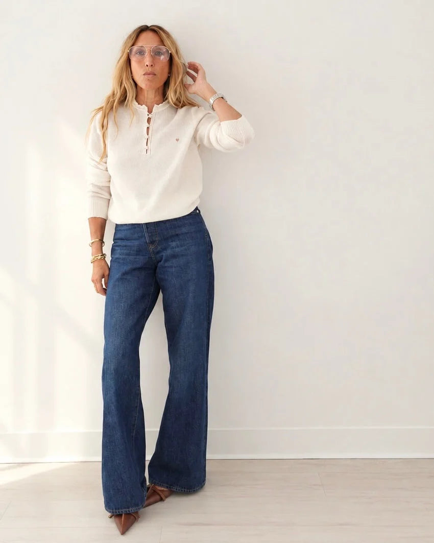 KERRI ROSENTHAL Femme Ruffle Henley Sweater- Natural