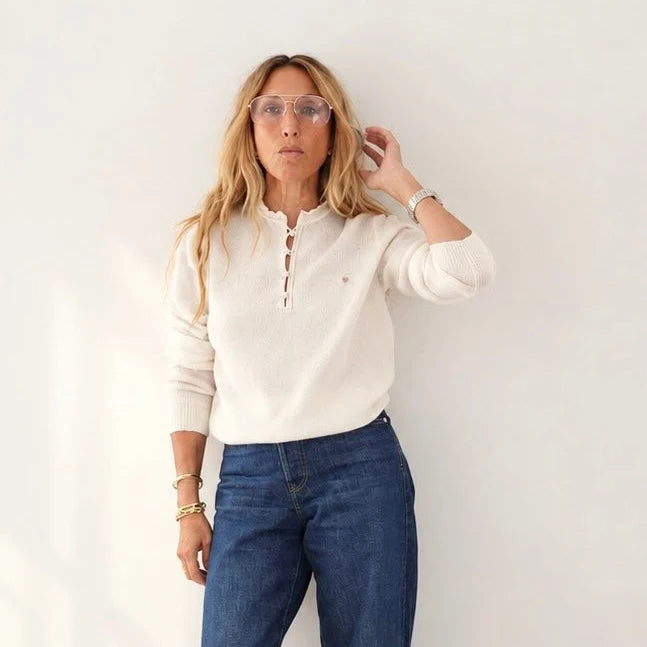 KERRI ROSENTHAL Femme Ruffle Henley Sweater- Natural