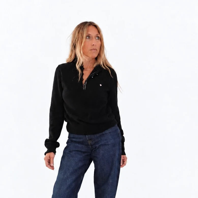 KERRI ROSENTHAL Femme Ruffle Henley Sweater- Black