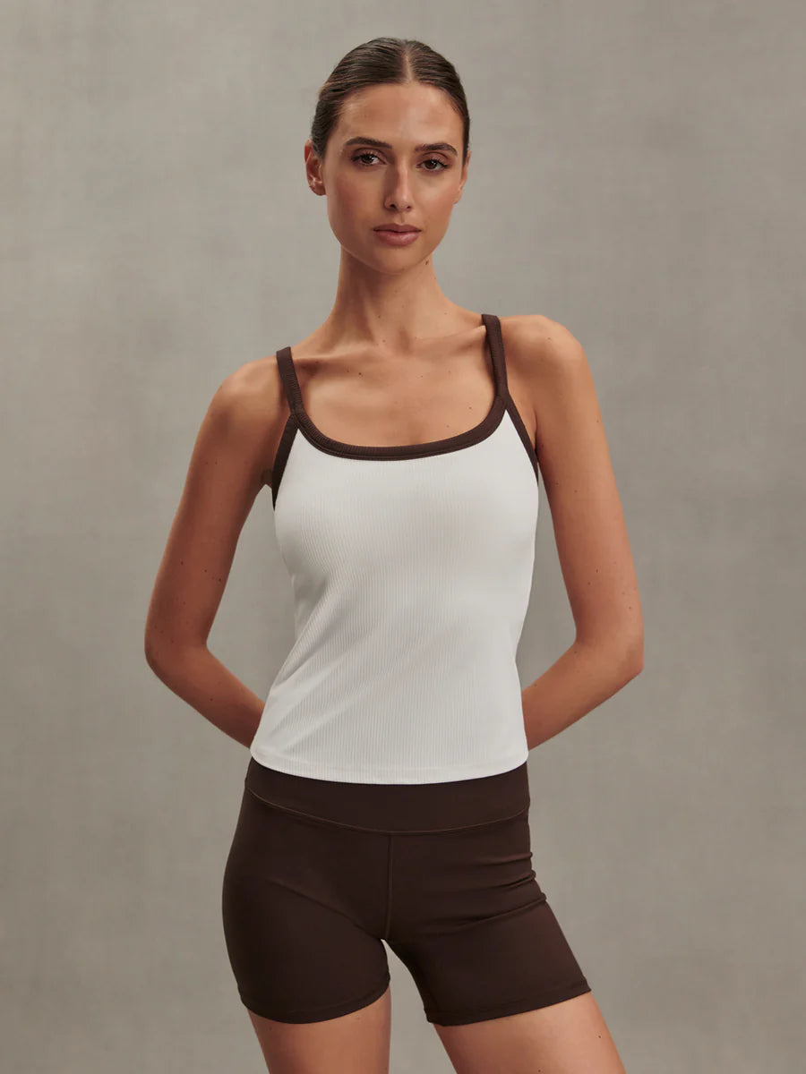 Varley Theon Scoop Neck Tank- White/ Coffee Bean
