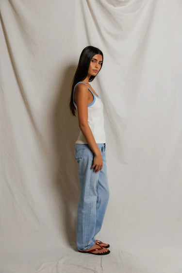 Perfect White Tee Cherry- Cotton jersey ringer tank- Ivory/ Pacific Blue