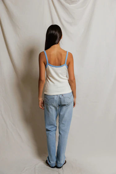 Perfect White Tee Cherry- Cotton jersey ringer tank- Ivory/ Pacific Blue