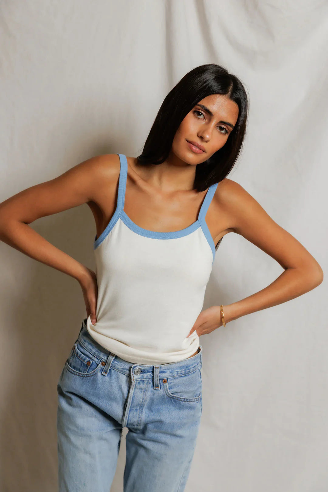 Perfect White Tee Cherry- Cotton jersey ringer tank- Ivory/ Pacific Blue