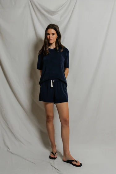 Perfect White Tee Donna- loop terry short sleeve tee- Navy