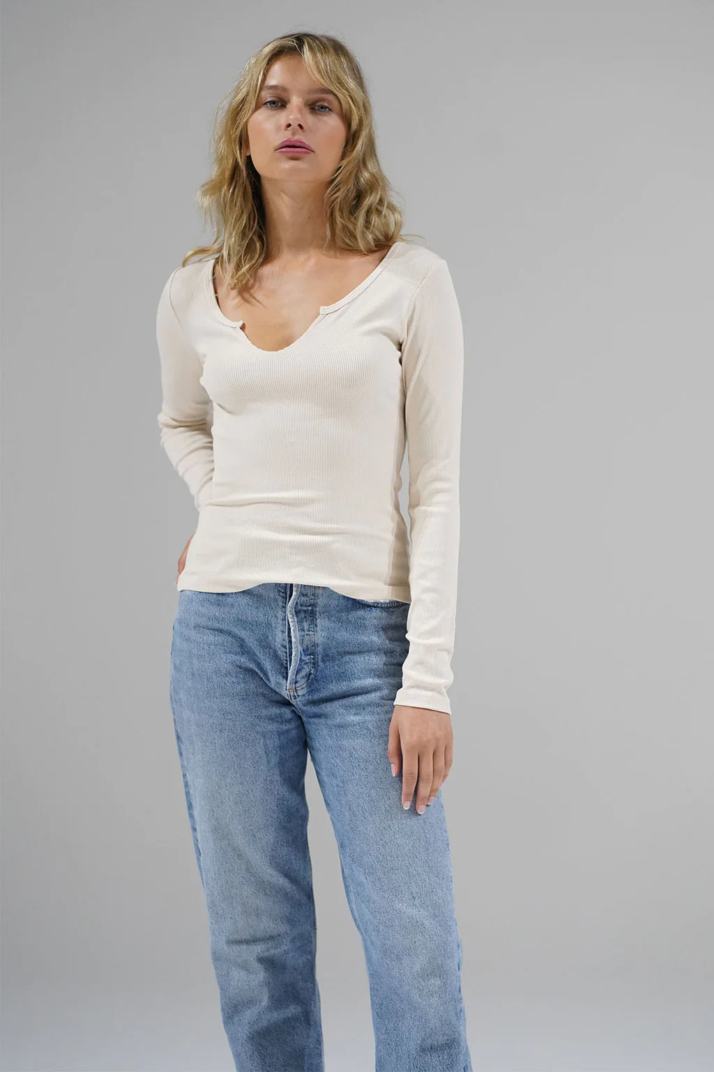 LNA Clothing Emory Notch Long Sleeve Top - Bone