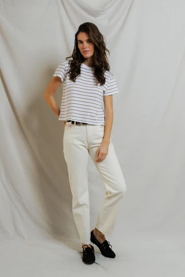 Perfect White Tee Everett Stripe- Driftwood/ White Stripe