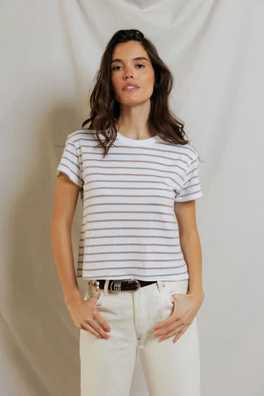Perfect White Tee Everett Stripe- Driftwood/ White Stripe