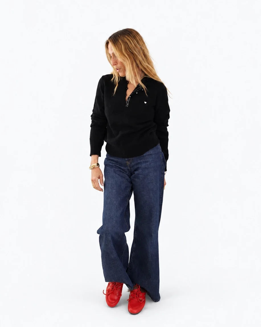 KERRI ROSENTHAL Femme Ruffle Henley Sweater- Black