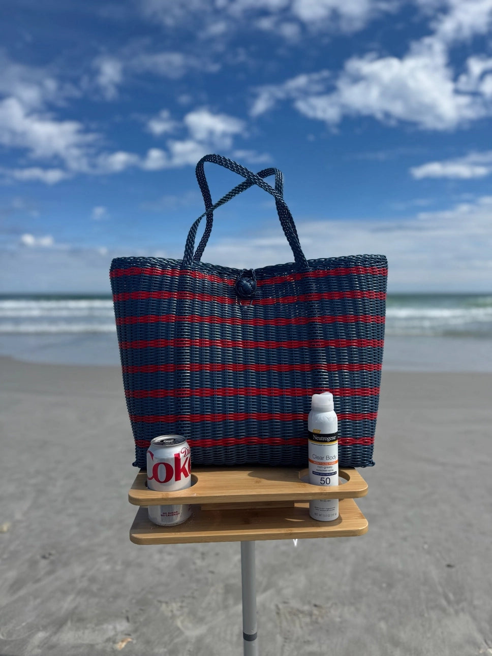 The Lilley Line Medium Tote - Sailor Stripe Fog Blue + Red
