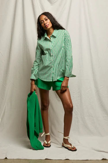 Perfect White Tee Gisele Poplin Long Sleeve Button Up - Green Stripe