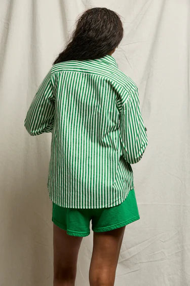 Perfect White Tee Gisele Poplin Long Sleeve Button Up - Green Stripe