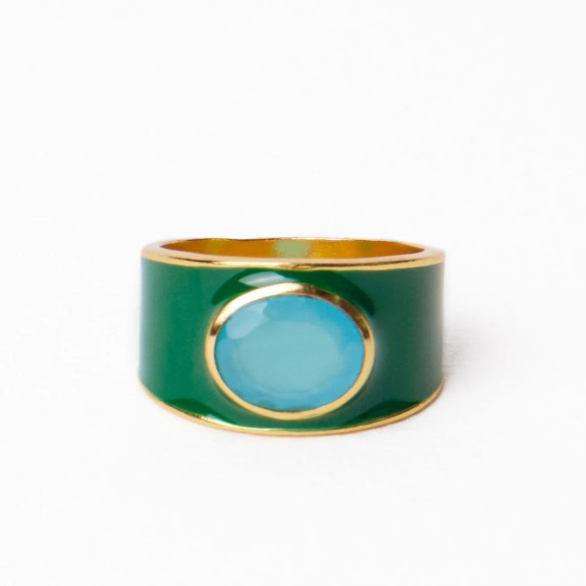INK+ALLOY Hazel Oval Stone With Enamel Band Ring - Green/Light Blue