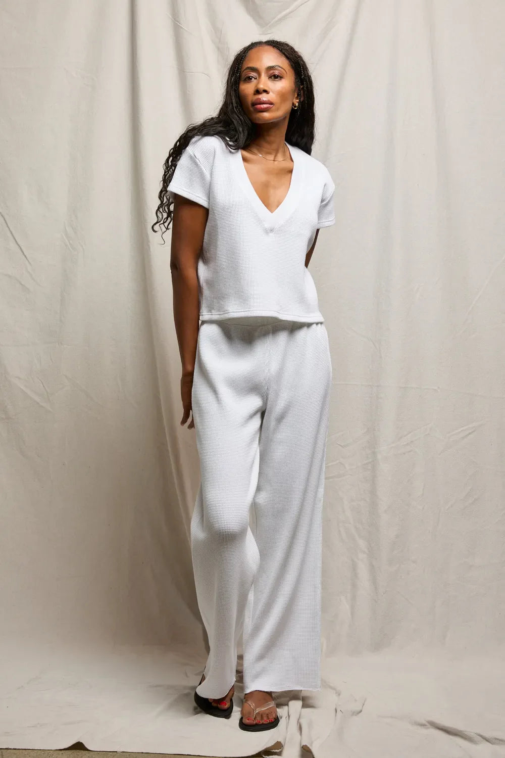 Perfect White Tee Jada Waffle Boxy V-Neck Tee - White