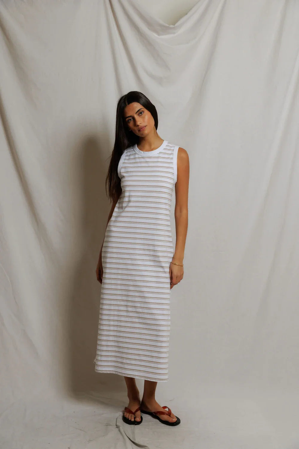 Perfect White Tee Lanell - Stripe Supima Cotton Sleeveless Dress - Driftwood Stripe