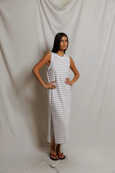 Perfect White Tee Lanell - Stripe Supima Cotton Sleeveless Dress - Driftwood Stripe