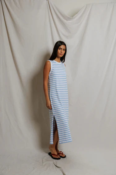 Perfect White Tee Lanell Stripe- Supima Cotton Sleeveless Dress - Pacific stripe