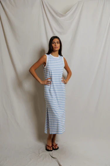 Perfect White Tee Lanell Stripe- Supima Cotton Sleeveless Dress - Pacific stripe